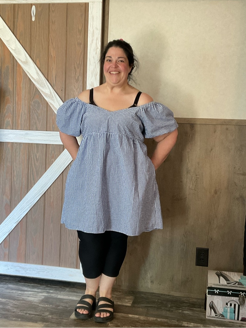 Old Navy Blue Gingham Off-Shoulder Puff Sleeve Tunic